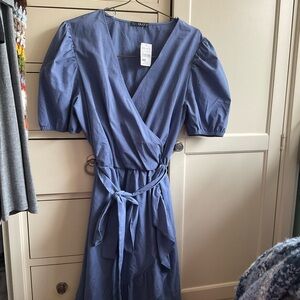 QUIZ Blue chambray faux wrap Dress with Puff Sleeves